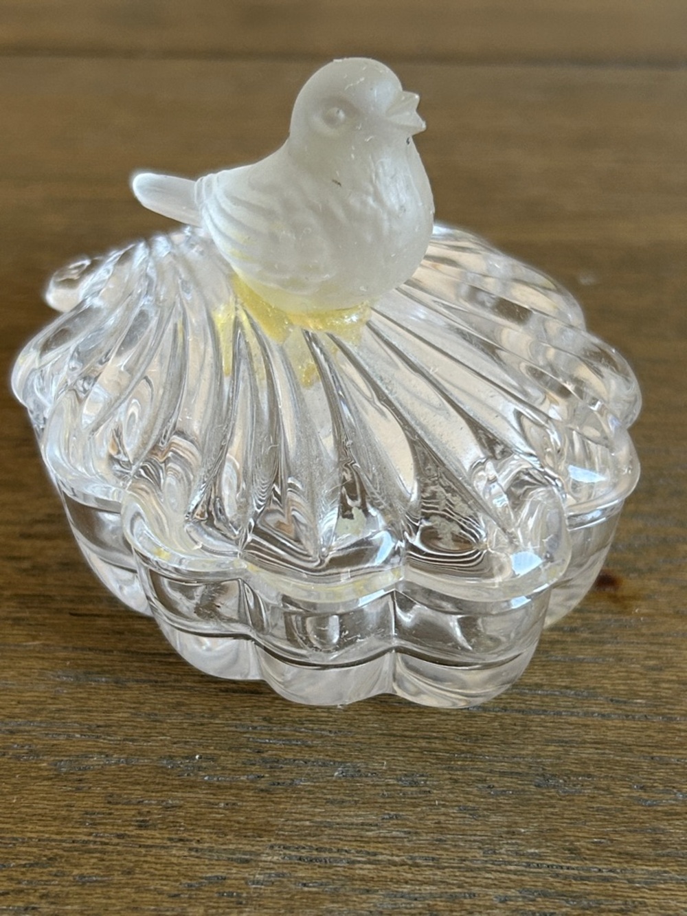 Vintage Hofbauer German Lead Crystal Trinket Box With A Frosted Bird Perched.